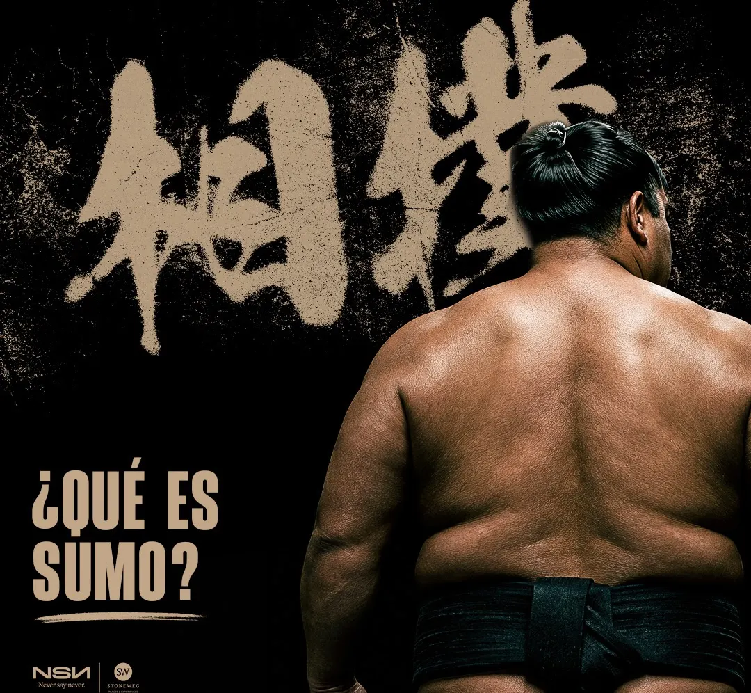 Luchador de sumo de espaldas bajo el kanji 相撲